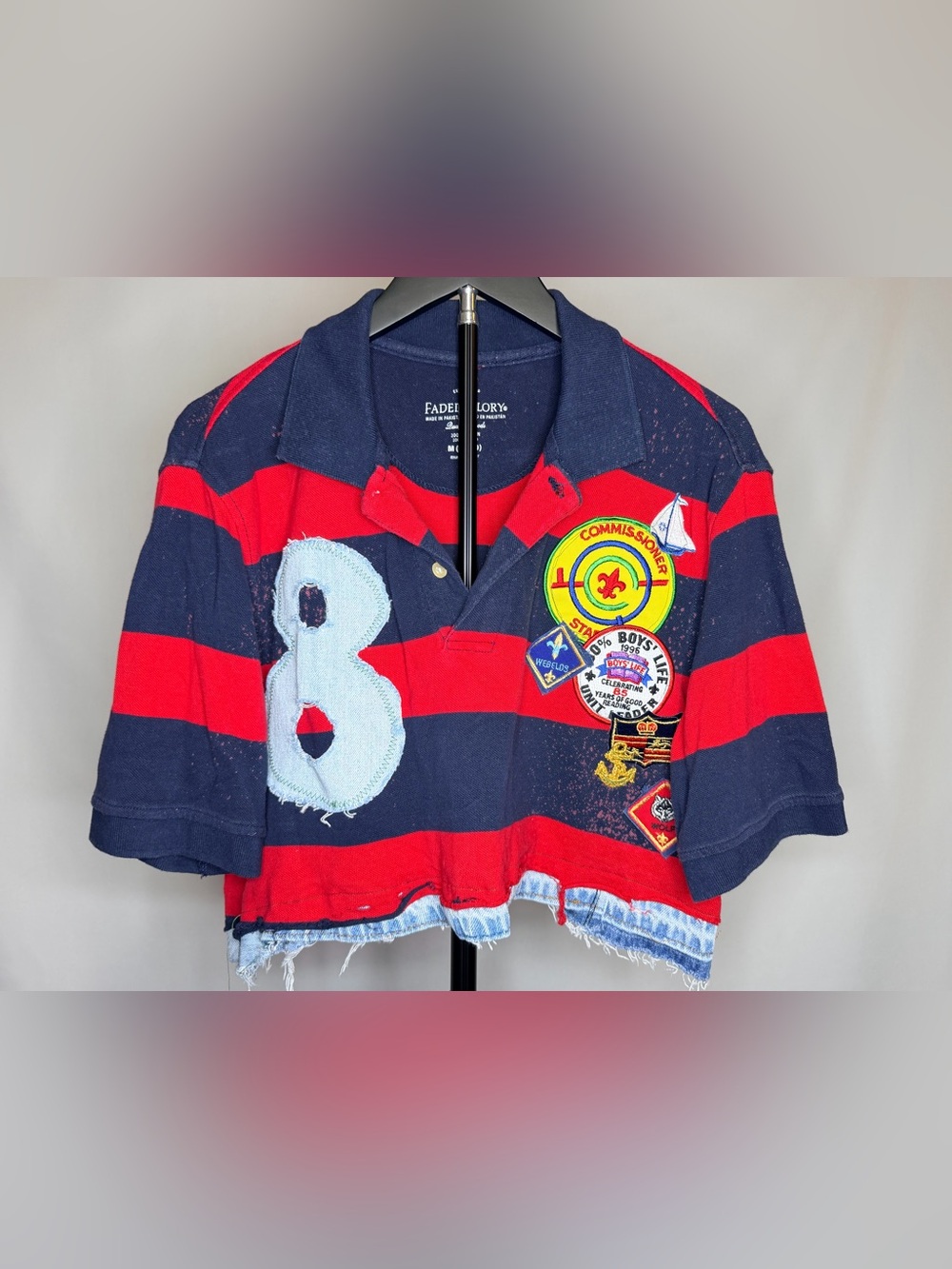 Faded Glory Red & Navy Striped Cropped Polo with Patch Details